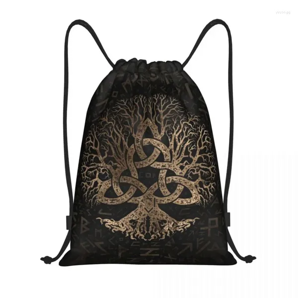 Sacs à provisions Arbre de vie avec Triquetra sur motif Futhark Sac à dos à cordon léger Viking Norse Yggdrasil Gym Sackpack Sacs