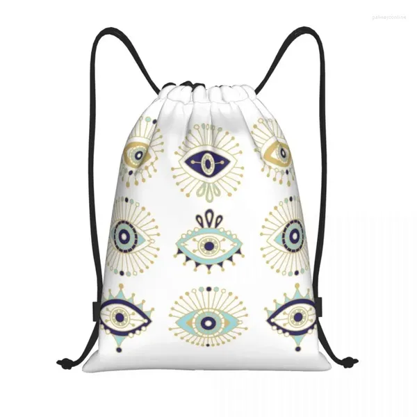 Bolsas de compras Colección turca del mal de ojo en mochila con cordón blanco Bolsa de gimnasio deportiva para Nazar Amulet Hamsa Boho Bohemian Sackpack