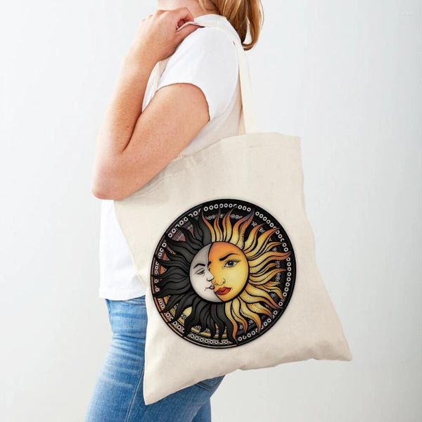 Sacs à provisions Vintage Art dessin animé soleil signe épaule Shopper sac abstrait femmes Double impression décontracté dame toile fourre-tout sacs à main