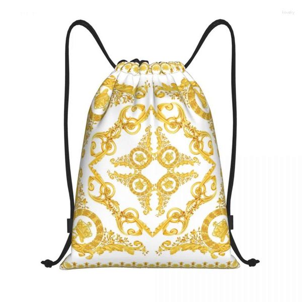 Bolsas de compras Estampados barrocos vintage Adorno griego Meandro dorado Meandros Mochila con cordón Mochila deportiva ligera para gimnasio Sacos