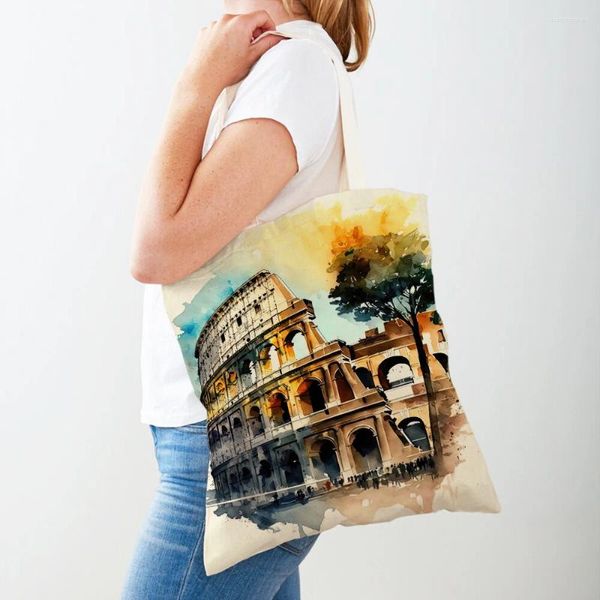 Sacs à provisions Vintage World Building Sac à bandoulière romain Femmes Double impression Egypte Turquie Ville Lady Toile Fourre-tout Sacs à main