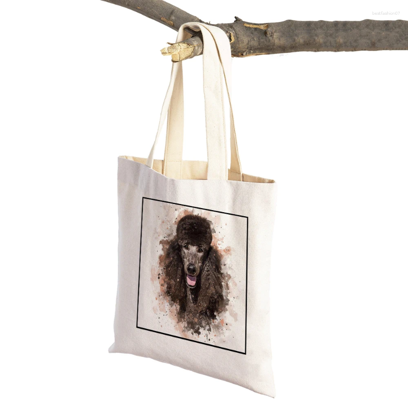 Shoppingväskor akvarell djurkvinnor duk Eco Tote handväska återanvändbar tecknad hund lady axel stormarknad shopping väska
