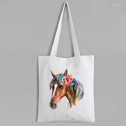 Sacs à provisions aquarelle Clipart Horse avec fleurs Canvas Tote Sac Art Mignon Eco Friendly Animal Impressions réutilisables Designer M