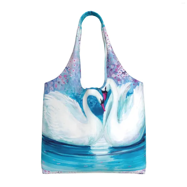 Bolsas de compras Acuarela Paisaje Cisnes Reutilizable Comestibles Plegable Lavable Tote Con Bolsa