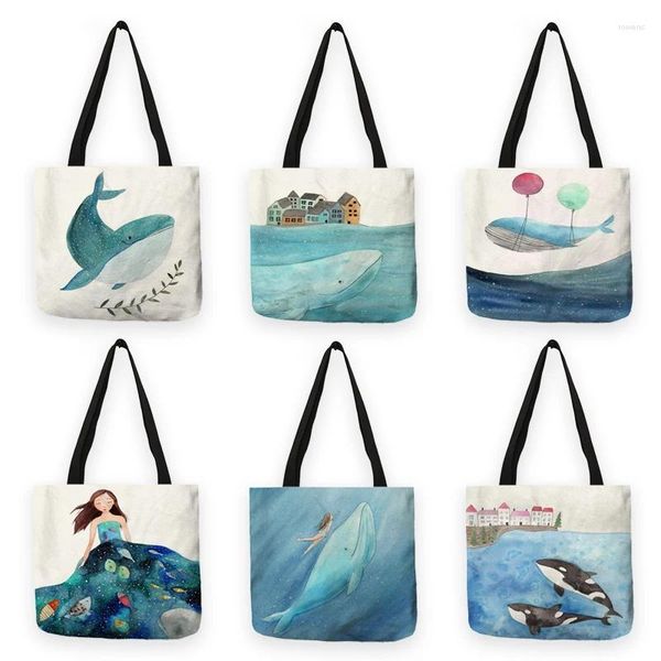 Sacs de Shopping pour femmes, sac mignon série baleine mer, shopping japonais grande capacité, Vintage épaule dessin animé tissu en lin