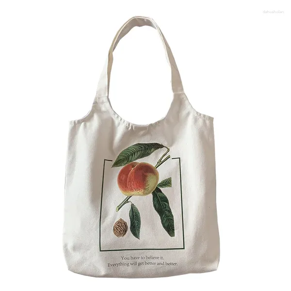 Sacs à provisions Femmes toile d'épaule Feme Feme Migne Peach Print Dames Cotton Tissu Handsbag Scentrage réserver un grand fourre-tout pour fille