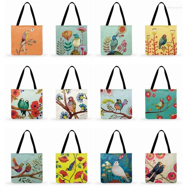 Bolsas de compras Mujeres Casual Tote Color Pintura Pájaro Impresión Bolsa Amor Damas Hombro Playa al aire libre Plegable