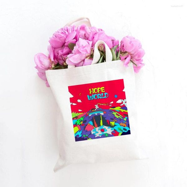 Shoppingväskor Kvinnor Tyg Canvasväska Stor kapacitet Vikbar Eco Livsmedelsväska Casual Kvinnlig Handväska Hope World Graphic