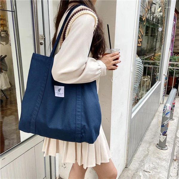 Bolsas de compras para mujer, bolso de hombro de lona de algodón, bolso de tela ecológica Simple, libros escolares sólidos, bolso portátil para niñas