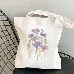 Shopping Bags Femme Shopper Bag Bleu Forget Me Imprimé Fleurs Toile Fille Harajuku Sac À Main Fourre-Tout Épaule Dame