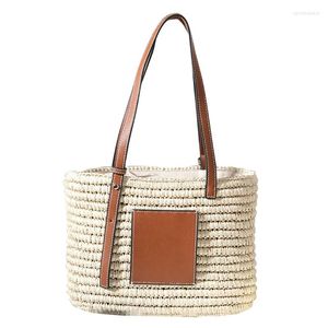 Bolsos de compras para mujer, bolso de mano de paja tejido de playa de verano con asa ajustable de piel sintética, bolso de mano grande de un solo hombro, cesta con cordón