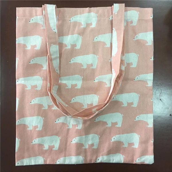 Bolsos de compras YILE Bolso de hombro ecológico de lino y algodón Estampado Oso blanco Base rosa L10