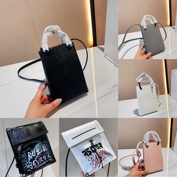 Shopping Phone Holder Bag MINI noir carré Sacs à bandoulière en cuir Designer Deux fines poignées rondes Bandoulière réglable Fermeture à aimant pression totes 2023