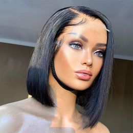 Short 180%density Bob Human Hair Wigs Brazilian 13x1 T Part Straight Lace Front Wigs for Women Transparent Lace Pre Plucked Bone Bob Wig