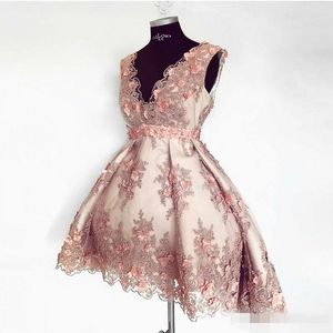 Korte 2020 bescheiden prom -jurken High Low V Neck Lace Applique Dusty Pink Satin Tule Mouwlive A Line Tail Draduation Party Jurk