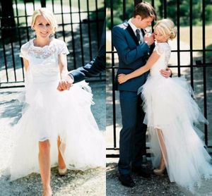 Korte 2021 Vintage mouwen jurken Tule Lace Applique High Low Back Scalloped Neckline Garden Wedding Jurk Vestido de novia 403