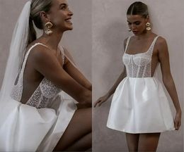 Kort een vintage lijn trouwjurk 2024 Spaghetti riemen parels top backless satijnen bruids bruid feestjurk vestidos noiva robe de mariage