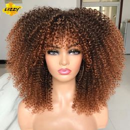 Peluca rizada afro corta con flequillo sintético africano sin cola esponjoso negro ombre marrón pelucas rizadas para mujer 240305