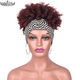 Korte Afro Kinky Krullend Hoofdband Pruik 2 in 1 Tulband Pruiken voor Zwarte Vrouwen Bladerdeeg Trekkoord Hittebestendige Vezel Hairfactory direct