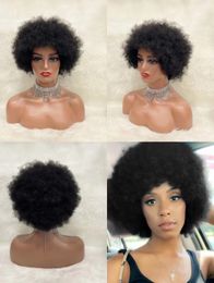 Korte Afro Kinky Krullend Pixie Cut Pruik Met Pony Ombre Kleur Menselijk Haar Machine Gemaakt Kant Pruiken Voor Vrouwen