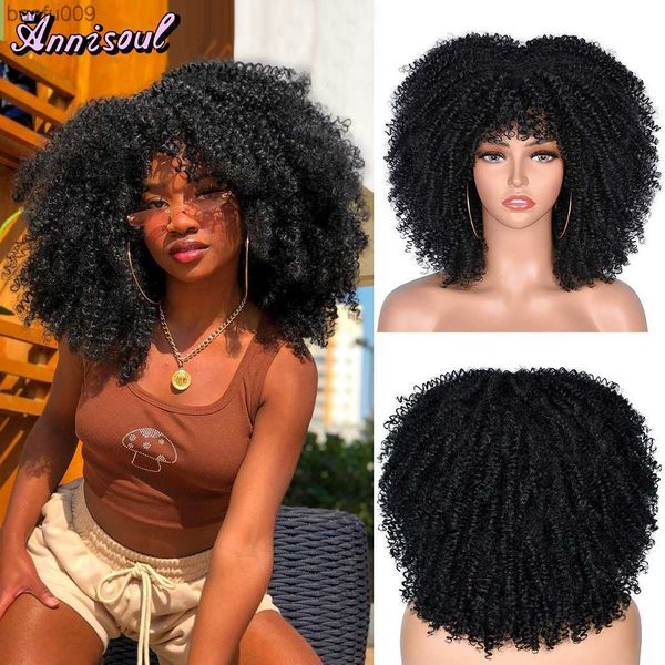 Peluca rizada Afro corta con flequillo para mujeres negras, pelucas de Cosplay rubias naturales sintéticas, pelo sin cola de alta temperatura L230520