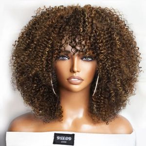 Perruque Afro courte bouclée crépue avec frange péruvienne à reflets bruns, sans colle, entièrement faite à la Machine, densité 250, pour femmes noires