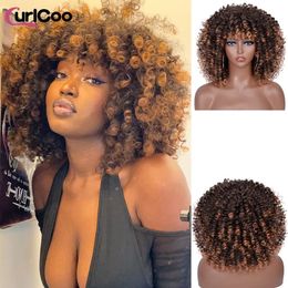 Braves bouclées afro percusantes avec une frange pour les femmes noires synthétiques ombre naturel hair résistant à la chaleur brun cosplay highlight 240419