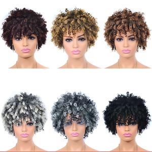 Korte Afro Kinky Krullende Pruiken Met Pony Voor Zwarte Vrouwen Synthetische Ombre Natuurlijk Hittebestendig Haar Bruin Cosplay Hoogtepunt Pruiken 240111