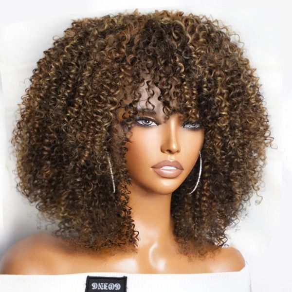 Peluca rizada de pelo corto de bebé con flequillo brasileño marrón resaltado sin pegamento peluca completa de máquina 250 densidad Jerry Curl para mujeres negras