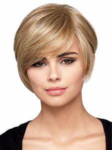 Perruque de cheveux blonds courts avec frange latérale, perruque synthétique en fibre résistante à la chaleur, perruque de mode capless pour femmes