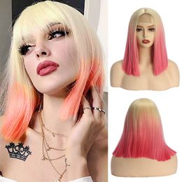 Pelucas de encaje frontal sintético para mujer, pelo rubio corto y naranja, pelo liso Bob, parte media, peluca de Cosplay roja y rosa Natural