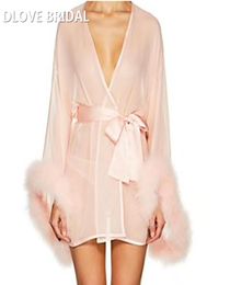 Robe de mariée courte rose Blush avec garniture de marabout sur la manche et ceinture, Robe de nuit courte et Sexy, pyjama 8233170