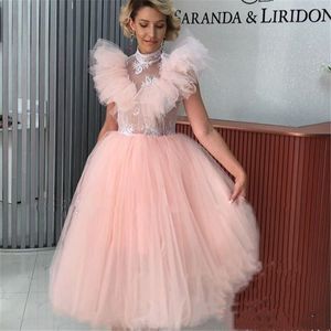 Korte blozen roze prom dresses hoge hals ruches illusie lijfje thee lengte formele avondjurken verlovingsjurk 2021 speciale gelegenheid dragen