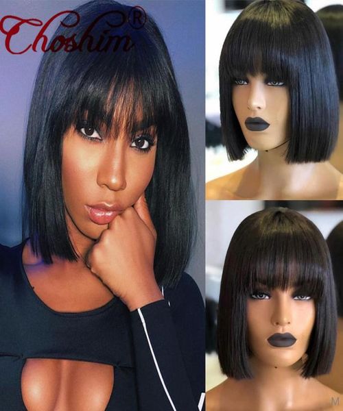 Perruque Bob Lace Frontal Wig brésilienne naturelle Remy, cheveux courts, noir naturel, nœuds décolorés, 13x4, avec Bang9873967