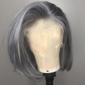 Perruque Lace Front Wig brésilienne naturelle Remy, cheveux courts, gris, 13x4, pre-plucked, 150% Transparent, partie libre