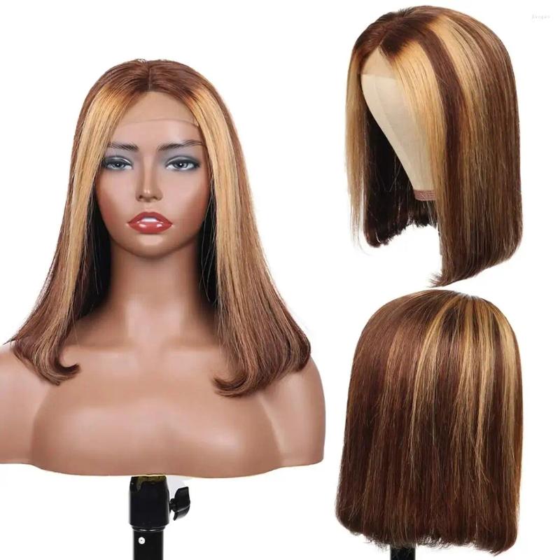 Short Bob Highlight 4/27 Color Brown Ombre Remy Hair Pre-Plucked Swiss Lace Straight