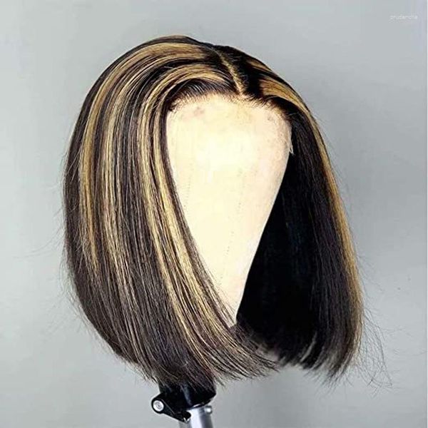 Court Bob Highlight Honey Blonde Lace Front Perruques de Cheveux Humains Vierge Sans Colle 360 Frontale Perruque Pré Cueillie Avec Bébé