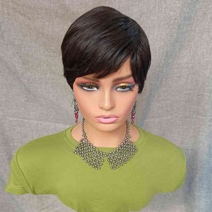 Korte Bob Human Hair Wig With Pony Pixie Cut For Black Women Nature Color Full Machine Made Braziliaans goedkoop S 220713