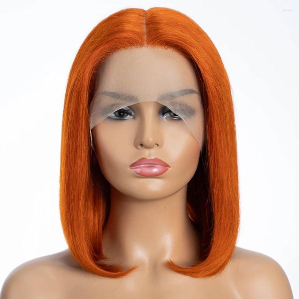 Pelucas de cabello humano Bob corto para mujer, 13x6x1, frente de encaje recto, color naranja, Cosplay de Halloween, Remy brasileño