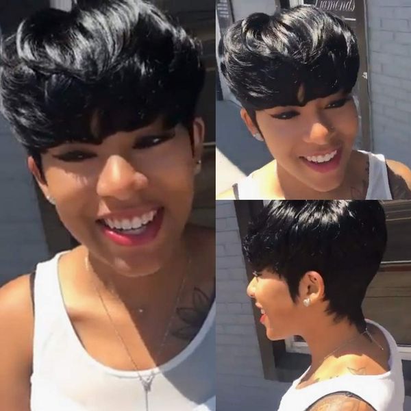 Court Bob perruques de cheveux humains Pixie Cut droite Remy cheveux brésiliens pour les femmes noires fabriqué à la machine perruque sans colle