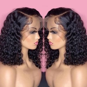 Korte Bob Jerry Curly T Deel Human Hair voor zwarte vrouwen vooraf geplukte transparante diepe golf frontale Braziliaanse kant 0618