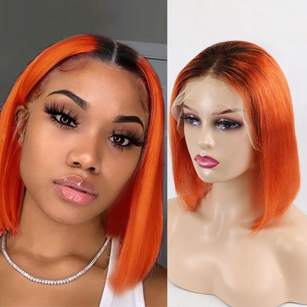 Perruque courte Bob Lace Front Wig 13X4 couleur brésilienne Remy perruques cheveux humains Ombre Orange