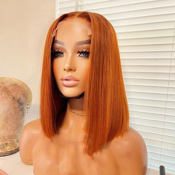 Perruque Bob Lace Front Wig brésilienne lisse, cheveux courts, 100% naturels, blond, Orange, avec Closure, pour femmes