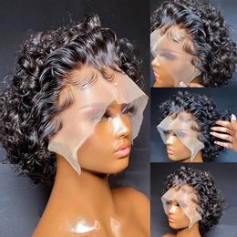 Court Bob Pixie Cut perruques de cheveux humains crépus bouclés Ombre Blonde/marron/noir coloré rebondissant vague profonde dentelle avant perruque pour les femmes