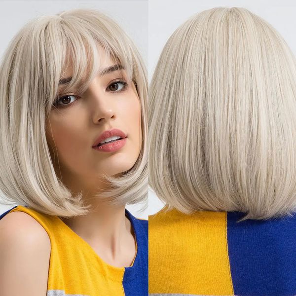 Bob de bob court avec une bangs perruque blonde droite naturelle synthétique adaptée aux fêtes des femmes blanches cheveux quotidiens résistants à la chaleur 230125