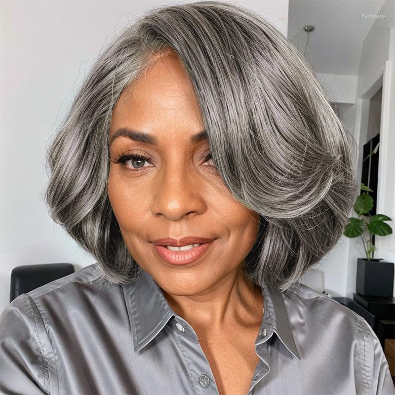 Short Bob Salt And Peppe Glueless 5x5 Frontal Lace Closure Wig Natural Wave Gray Brazilian Human Hair For Black Women