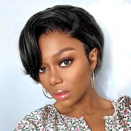 Perruque Bob Lace Wig naturelle Remy, cheveux courts lisses, coupe Pixie transparente, T Part, naissance des cheveux naturelle, pre-plucked, pour femmes