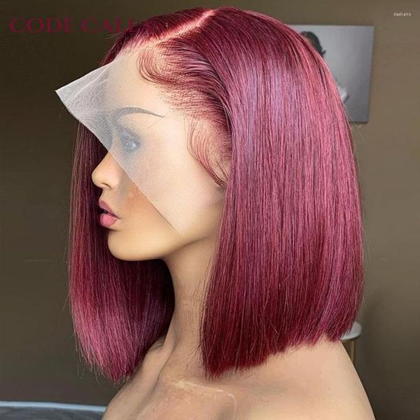Peluca Bob corto Pelucas de cabello humano frontal de encaje para mujer Color Borgoña Parte lateral 99J Rojo Recto Brasileño Venta