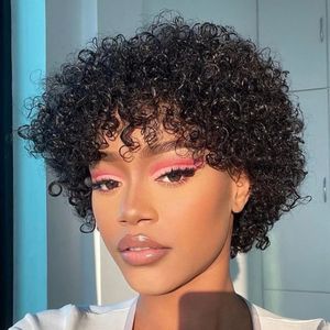 Court Bob perruque Pixie Cut perruque crépus bouclés perruques de cheveux humains pour les femmes aucune dentelle avant Transparent jerry curl avec frange bang