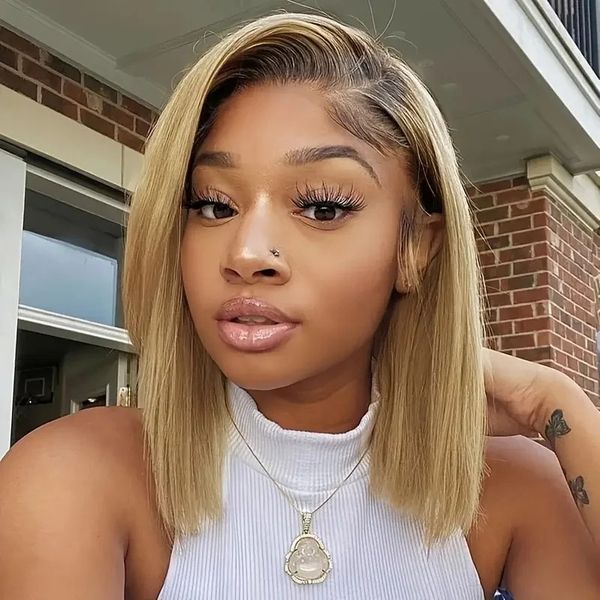 Perruque Bob Lace Front Wig naturelle brésilienne Remy, cheveux courts lisses, blond ombré T1B/27, 13x4, pour femmes